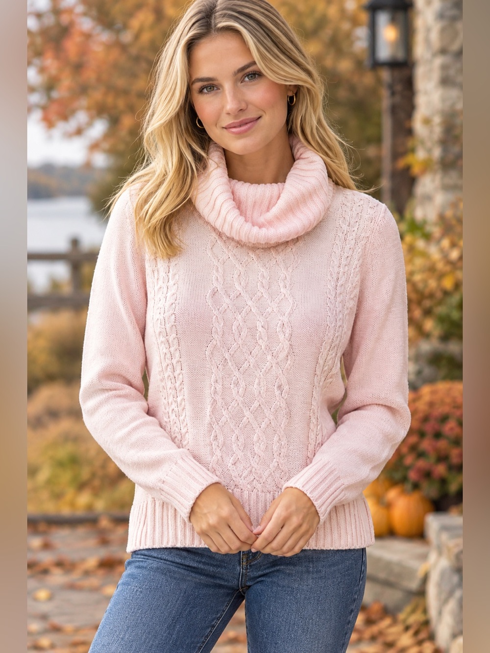 New York & Company Pink Cable Knit Cowl Neck Sweater